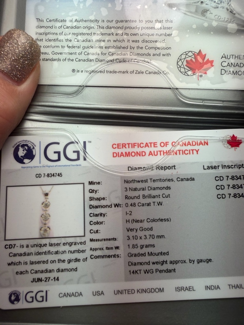 Canadian Diamond Pendant Three-Stone 14k White Gold - Picture 10 of 10